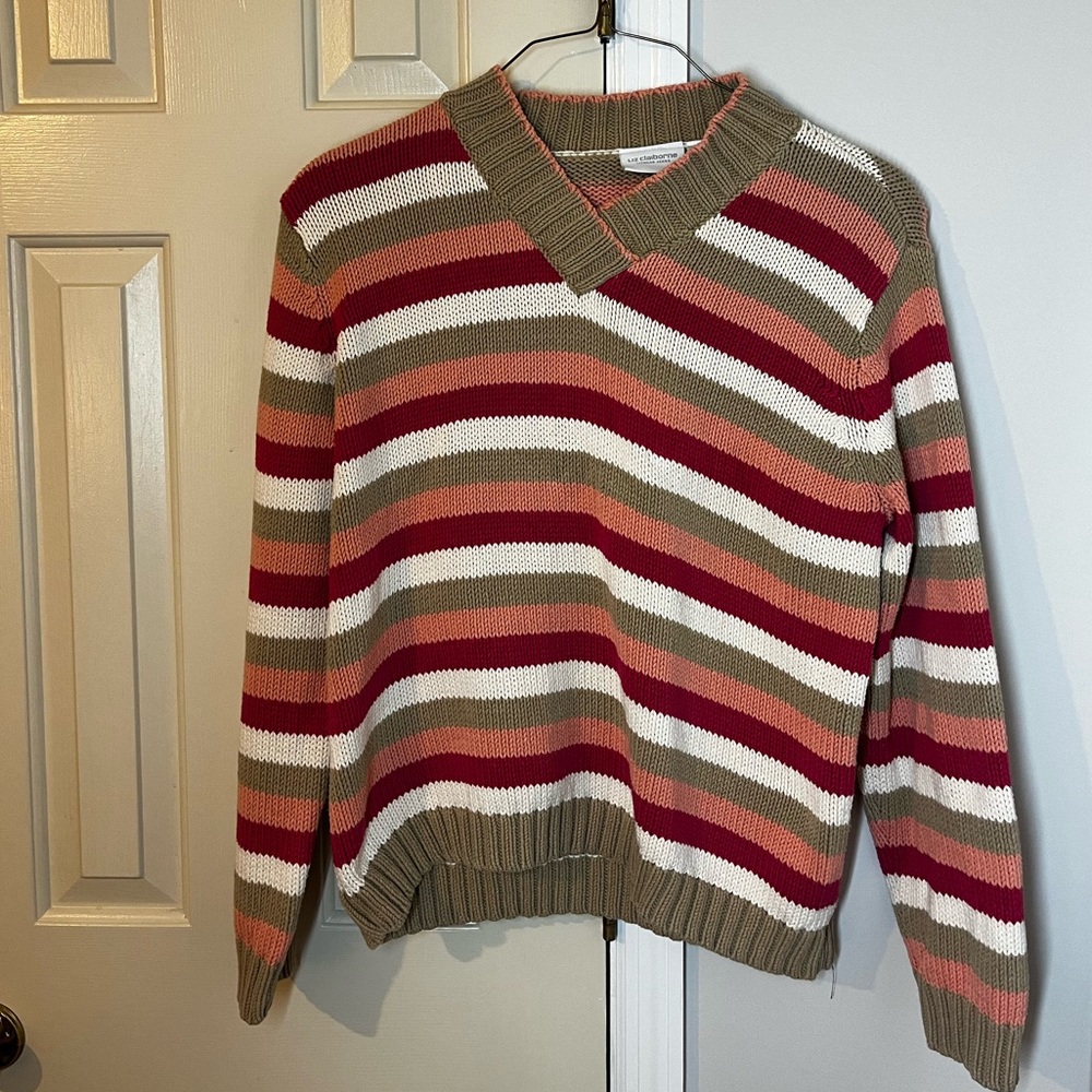 Liz Claiborne Vintage 90s Multicolor Striped V-Neck Sweater